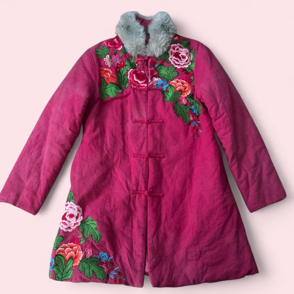 Fuchsia Embroidered Mandarin Floral Coat with Faux Fur Collar